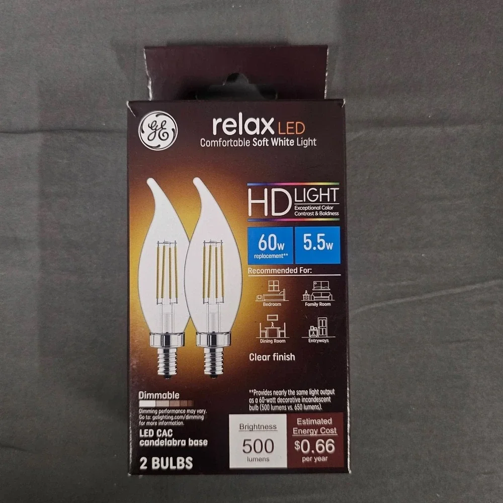GE Relax LED HD Clear Dimmable 60W Light Bulbs Candelabra Base New 500 Lumens